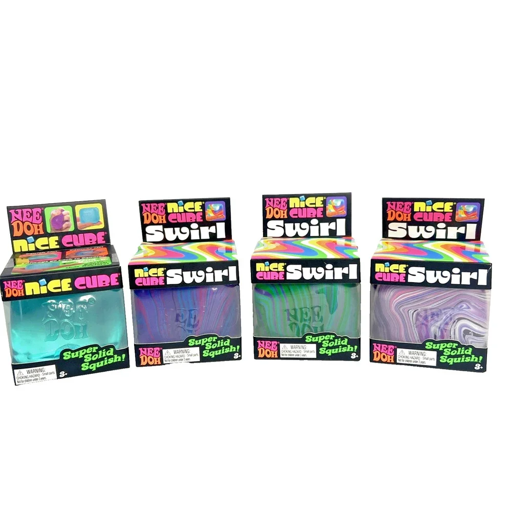 NeeDoh Nice Cube Swirl Set of 3 Green/Purple/Blue and 1 Nice Cube Squishy